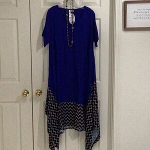 Blue and Black Asymmetrical High-Low Dress with Crew Neck